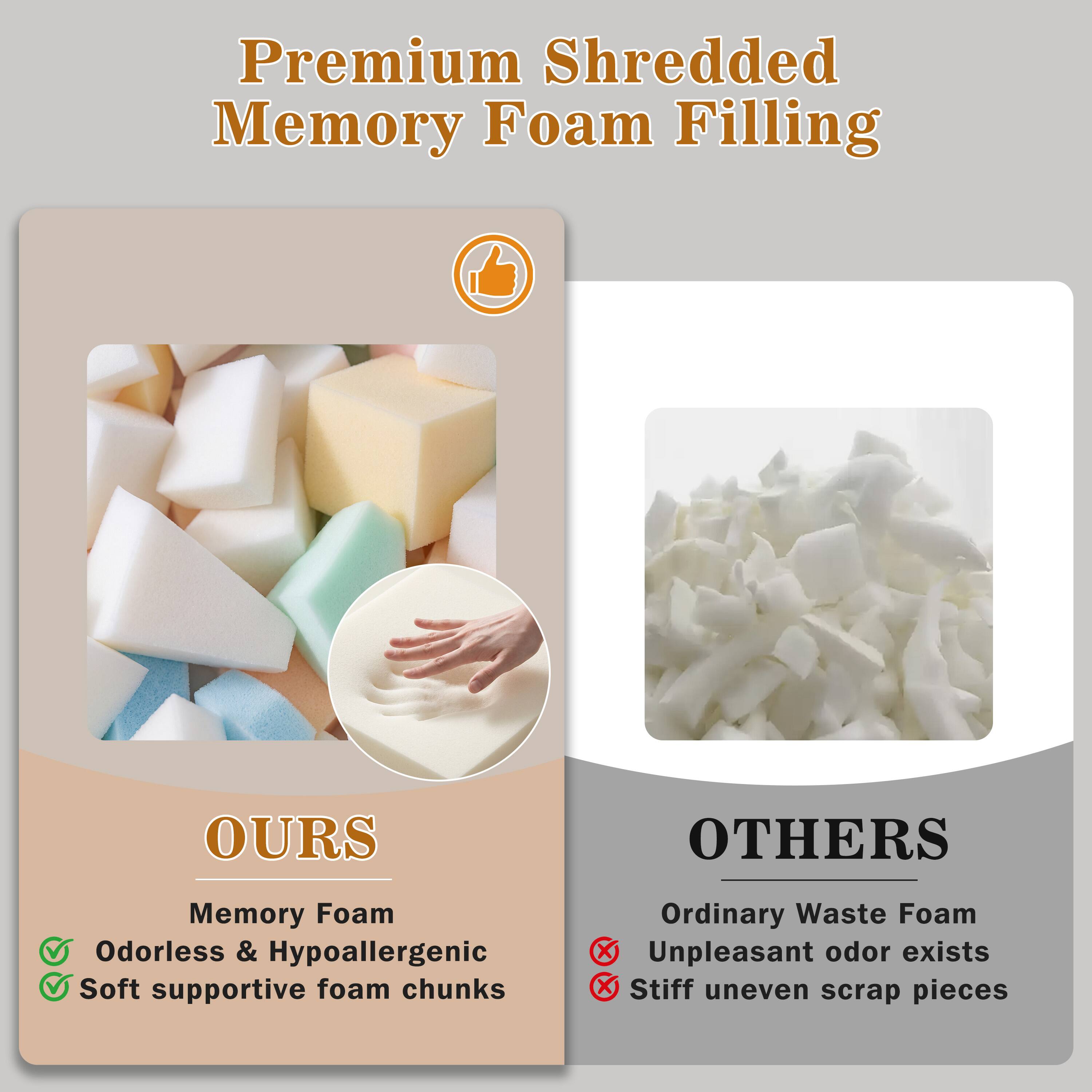 Premium Shredded Memory Foam Filling

OURS
Memory Foam
Odorless & Hypoallergenic
Soft supportive foam chunks

OTHERS
Ordinary Waste Foam
Unpleasant odor exists
Stiff uneven scrap pieces