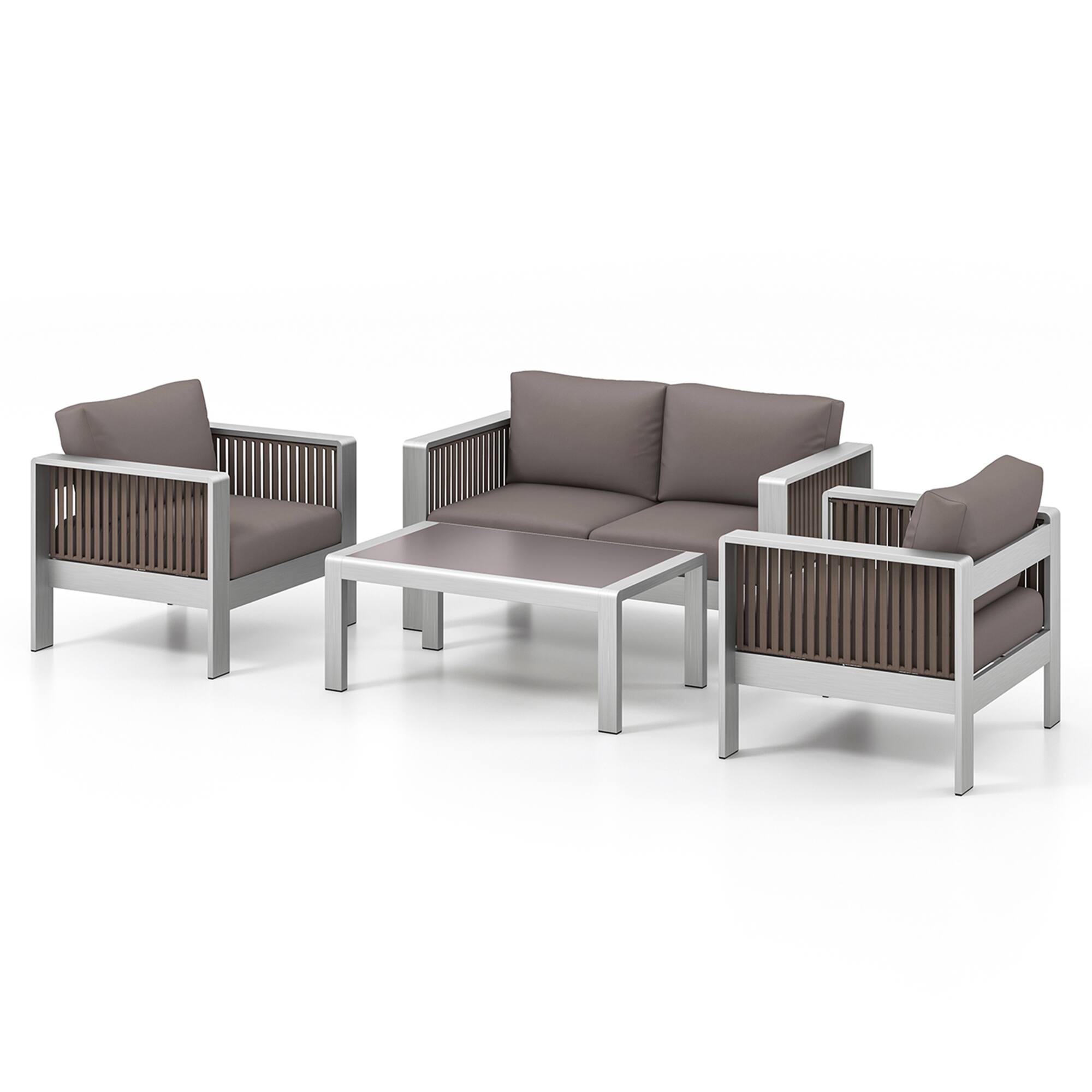 Alt View 6. Costway - 4 PCS Aluminum Patio Furniture Set with Thick Cushions & Tempered Glass Tabletop - Gray.