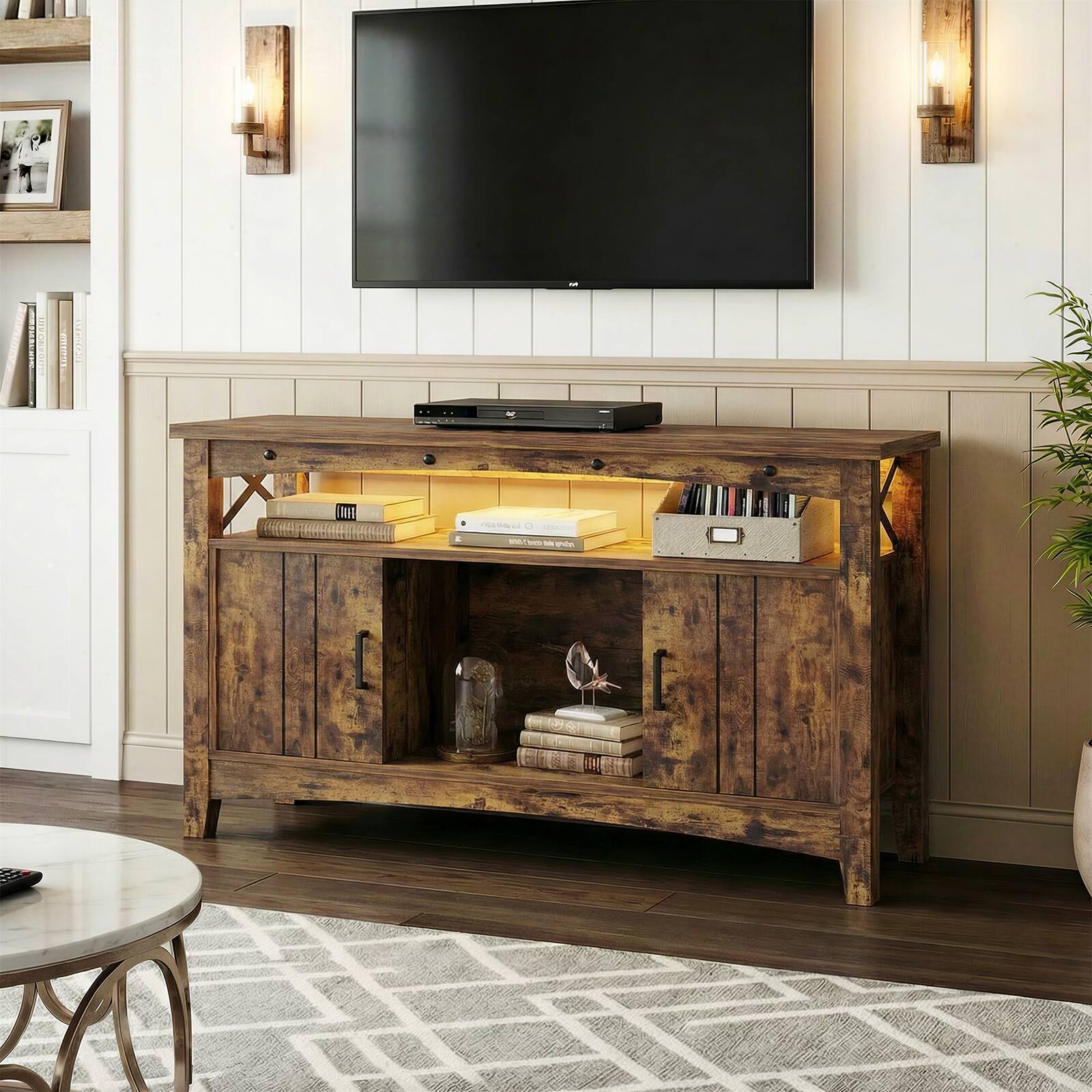 Alt View 3. Aheaplus - Farmhouse Coffee Bar Cabinet with Charging Station, LED Lights & Movable Wine Rack - Brown.