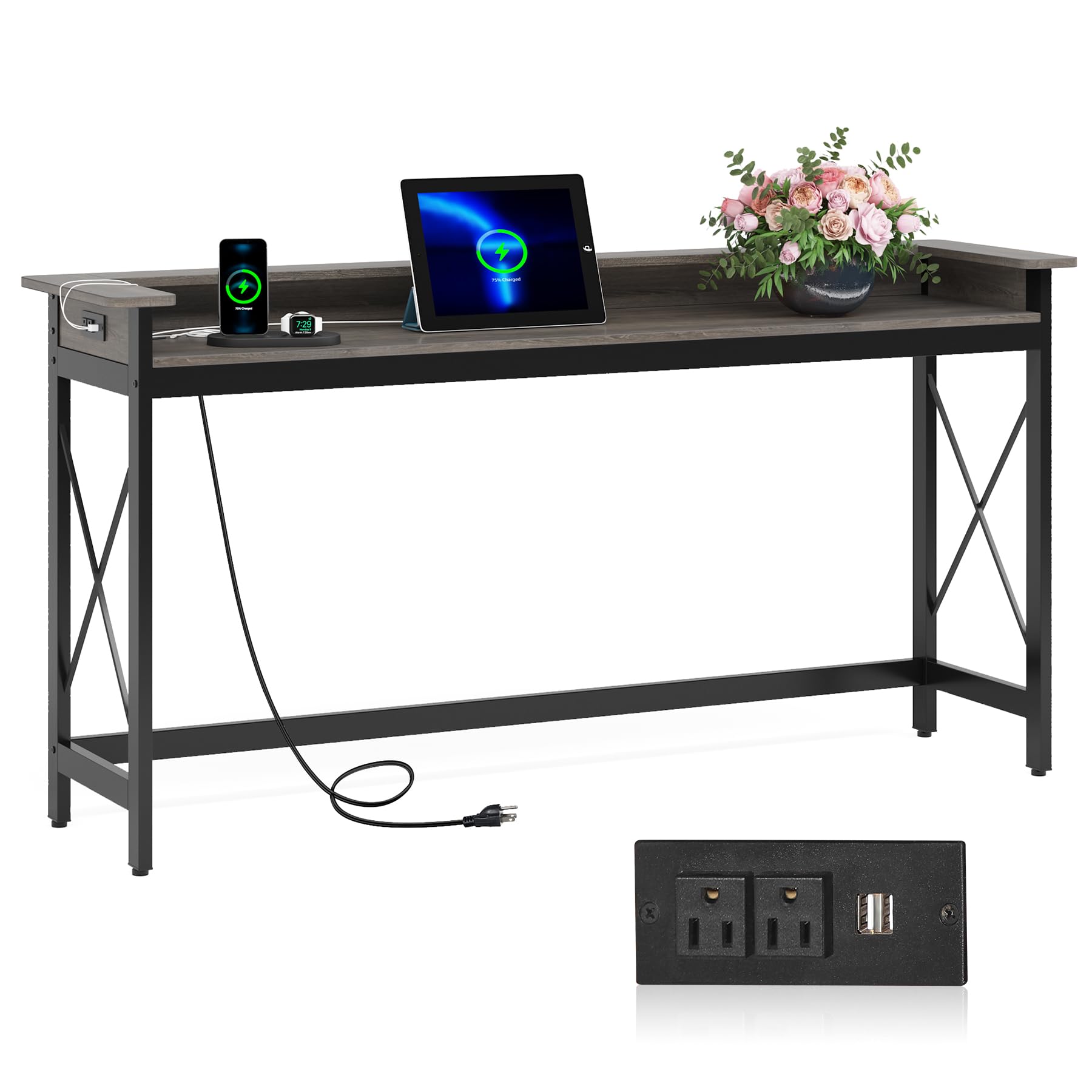 Alt View 5. Tribesigns - Sofa Table with Outlets and USB Ports, 70.9 inch Extra Long Console Table Behind Couch with Charging Station, Industrial - Grey.