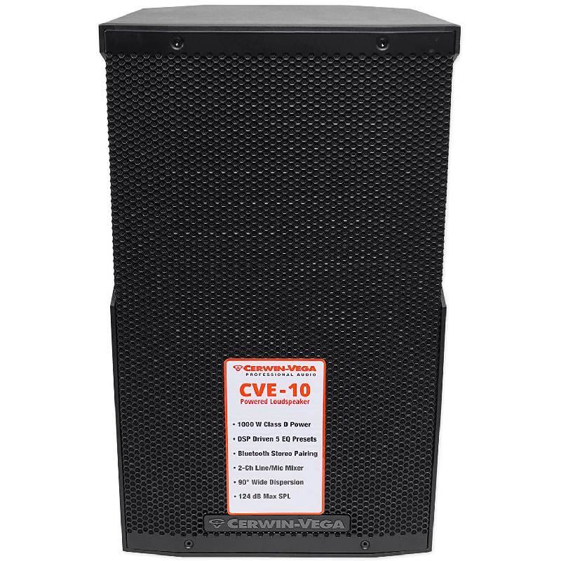 CERWIN-VEGA PROFESSIONAL AUDIO CVE-10 Powered Loudspeaker

- 1000 W Class D Power
- DSP Driven 5 EQ Presets
- Bluetooth Stereo Pairing
- 2-Ch Line/Mic Mixer
- 90° Wide Dispersion
- 124 d8 Max SPL

CERWIN-VEGA