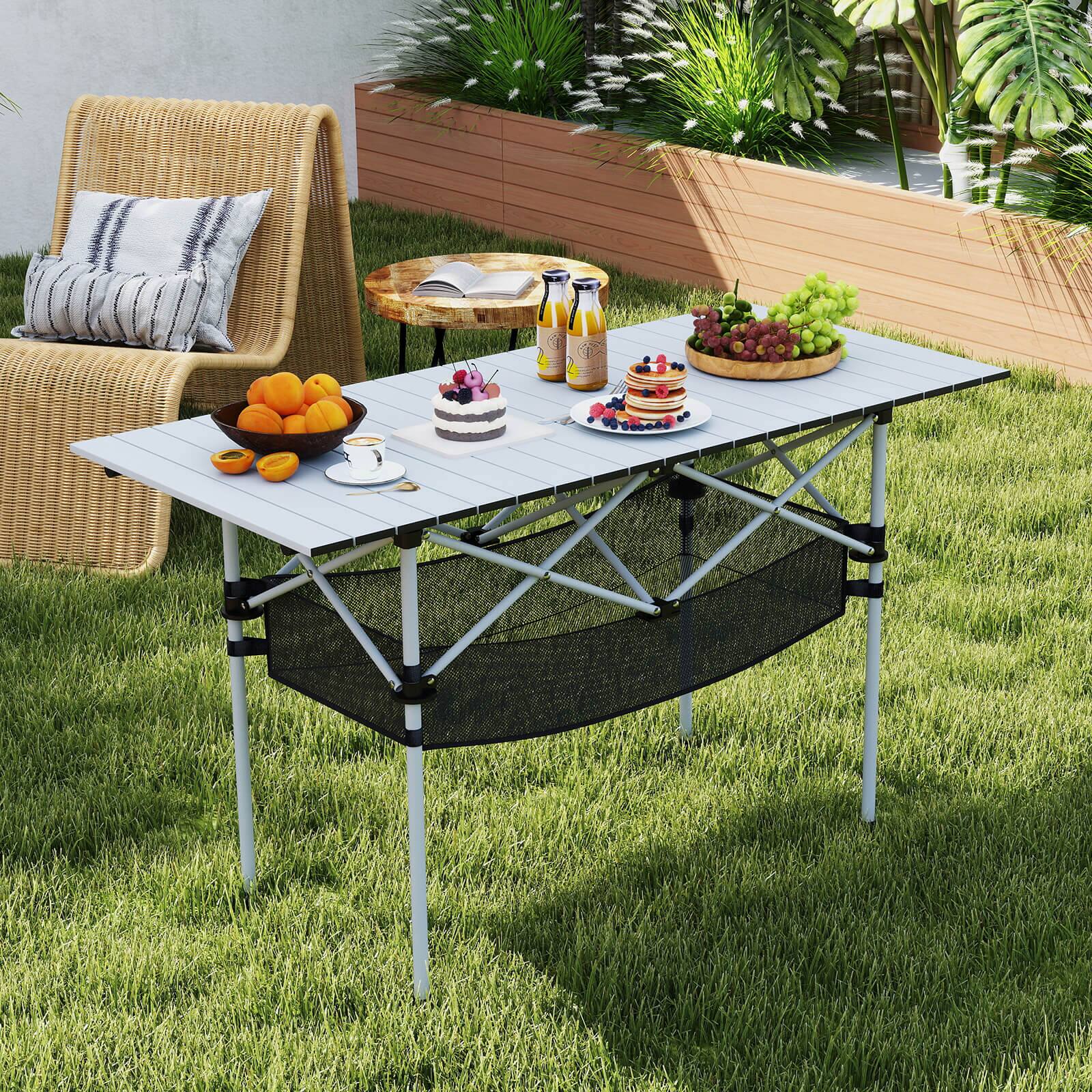 Alt View 1. Costway - Costway Patio Folding Camping Table with Aluminum Roll-up Tabletop & Mesh Basket - Sliver.
