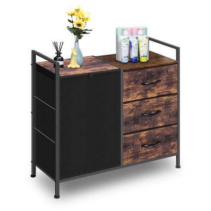 Front. Oumilen - Rustic Brown Laundry Hamper with 3 Fabric Drawers, 2-in-1 Design - Brown.