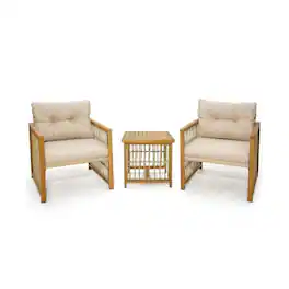 Pefilos - 3 Pieces Rattan Rocking Bistro Set, Patio Conversation Sets with Coffee Patio Coffee Table and Cushions-Off Gray - Beige