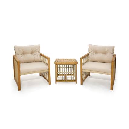 Front. Pefilos - 3 Pieces Rattan Rocking Bistro Set, Patio Conversation Sets with Coffee Patio Coffee Table and Cushions-Off Gray - Beige.
