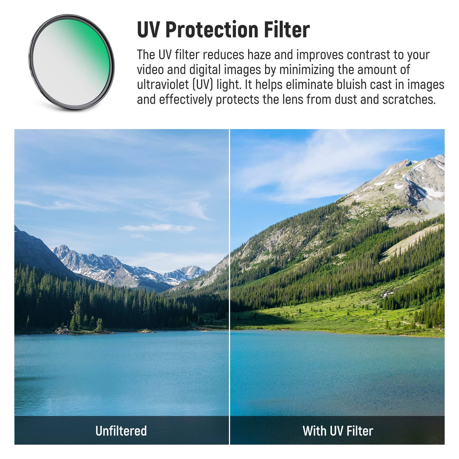 UV Protection Filter

The UV filter reduces haze and improves contrast to your video and digital images by minimizing the amount of ultraviolet (UV) light. It helps eliminate bluish cast in images and effectively protects the lens from dust and scratches.

Unfiltered | With UV Filter