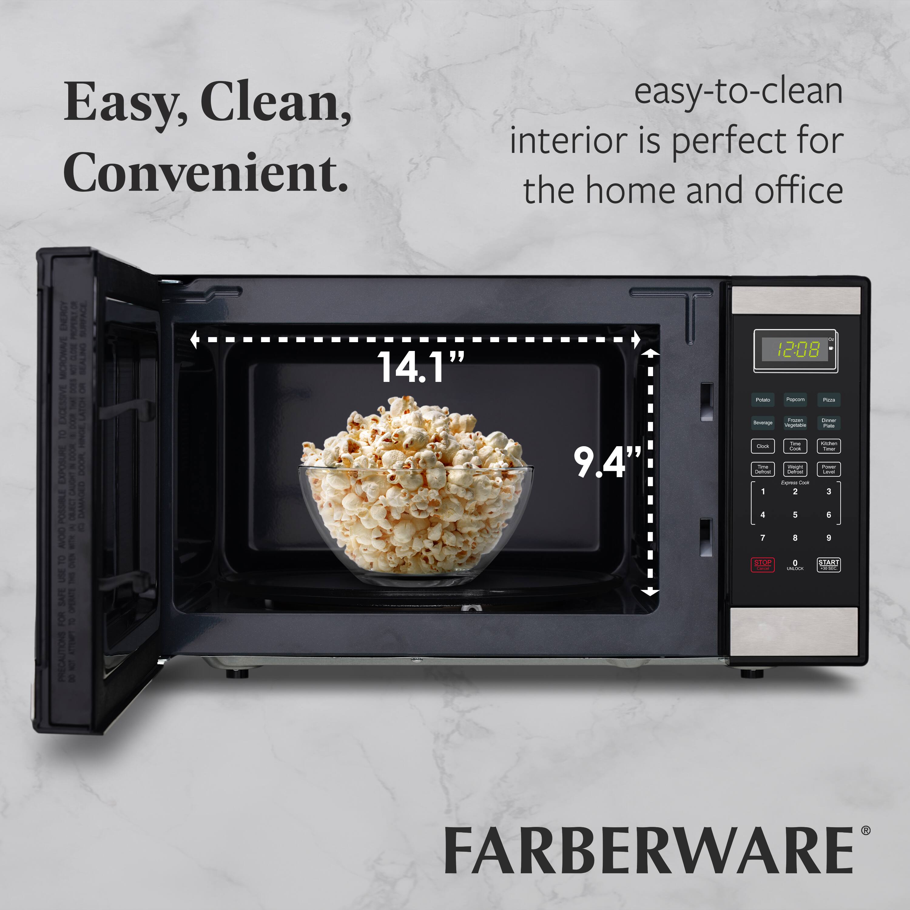 Easy, Clean, Convenient.  
Easy-to-clean interior is perfect for the home and office.  

ENERGY SURFACE MICROWAY:  
SEALING DOES NOT EXCESSIVE 1 LATUN B 2 HINGE I EXPOSURE. DOOR LEnn POSSBLI OACT DAMAGED. AVOID USE I SAFE LOAD FOR 2 LALL PRECAUTIONS  

14.1" 9.4"  

FARBERWARE