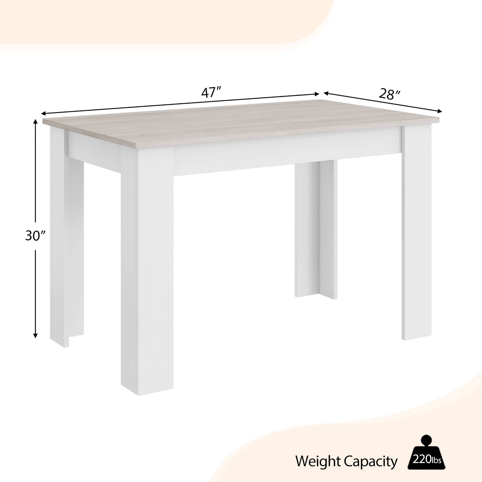 The image shows a white table with measurements of 47" x 28" x 30". The table has a weight capacity of 220 lbs.