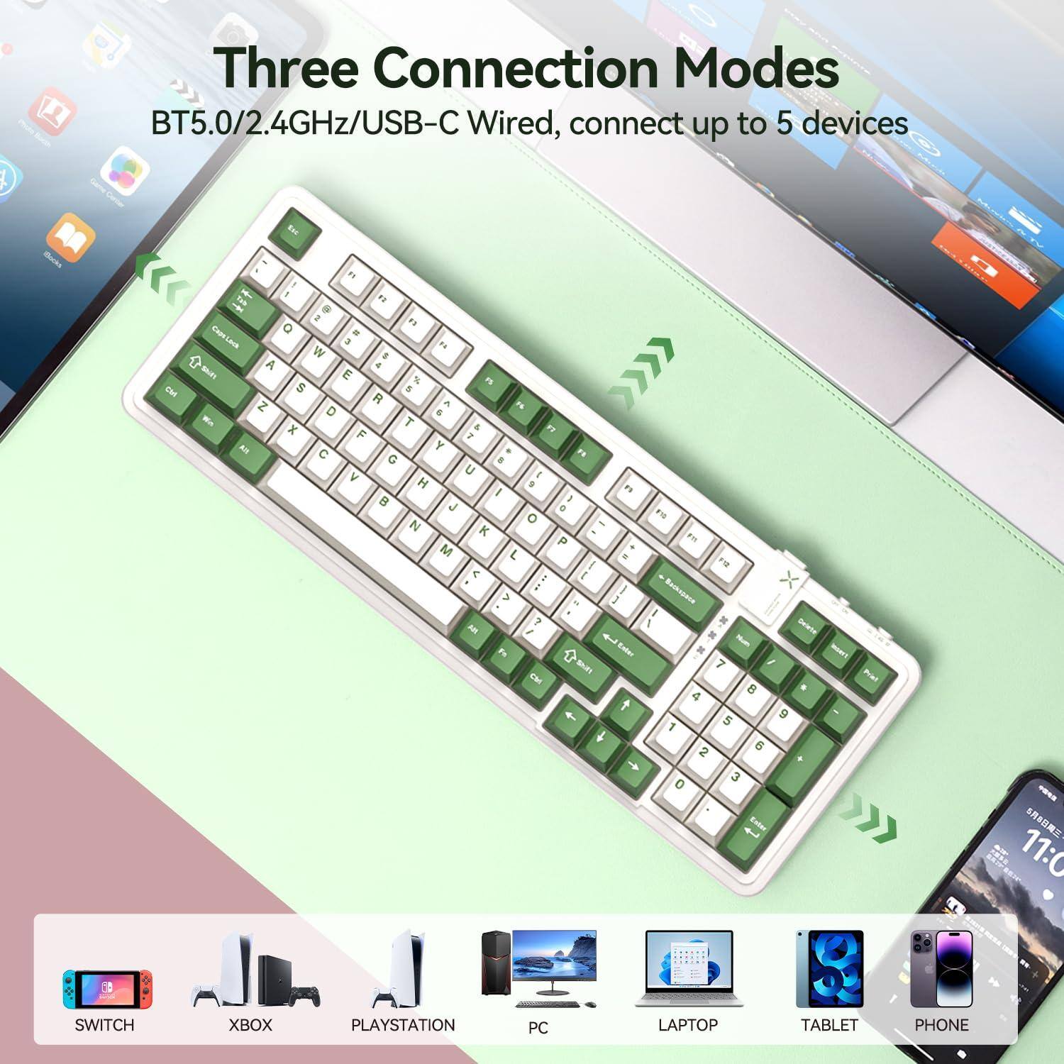 Three Connection Modes  
BT5.0/2.4GHz/USB-C Wired, connect up to 5 devices  

SWITCH  
XBOX  
PLAYSTATION  
PC  
LAPTOP  
TABLET  
PHONE