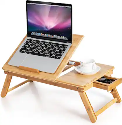 Front. Ecooso - Bamboo Laptop Desk with Tilting Top and Drawer, Compact Workstation for Home Office - Black.