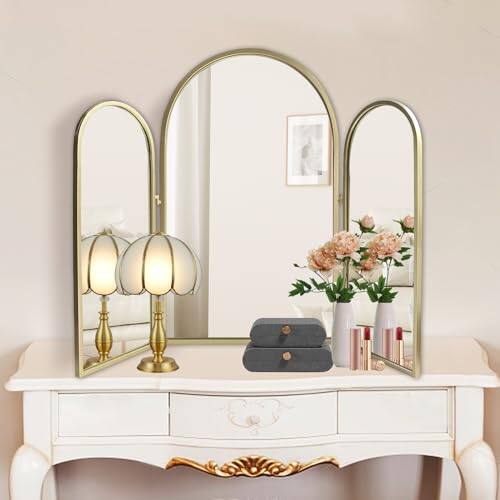 Cedar Assembly - Trifold Vanity Mirrors 3 Way 30 X 37in Adjustable For Bathroom Bedroom Champaign Golden Arch Wall Mounted - Champaign Gold-30"L x 37"W