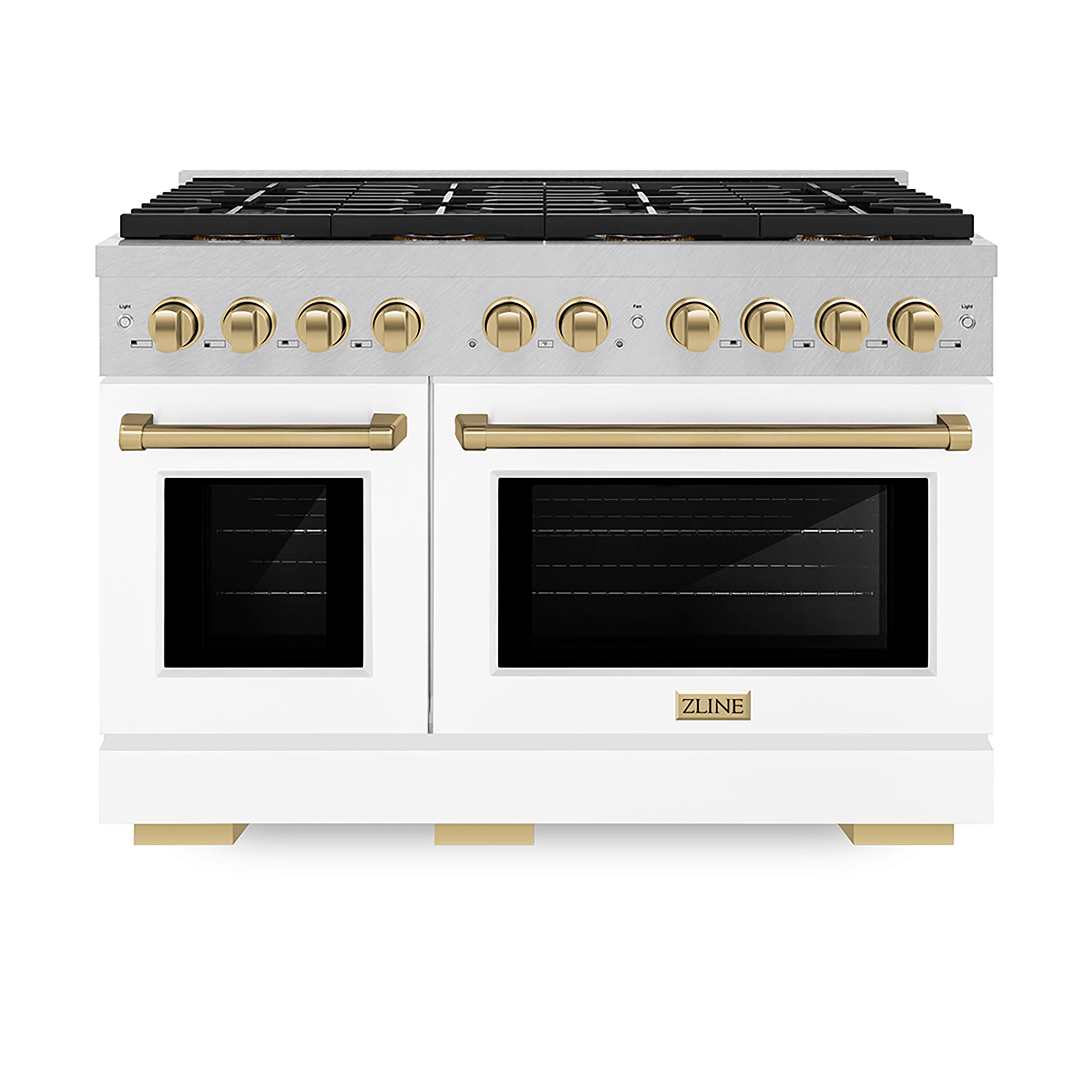Front. ZLINE - Autograph 48 in. 6.7 cu. ft. Freestanding Paramount Gas DuoPro Range in Satin Steel with White Doors & Bronze Accents - White Matte.