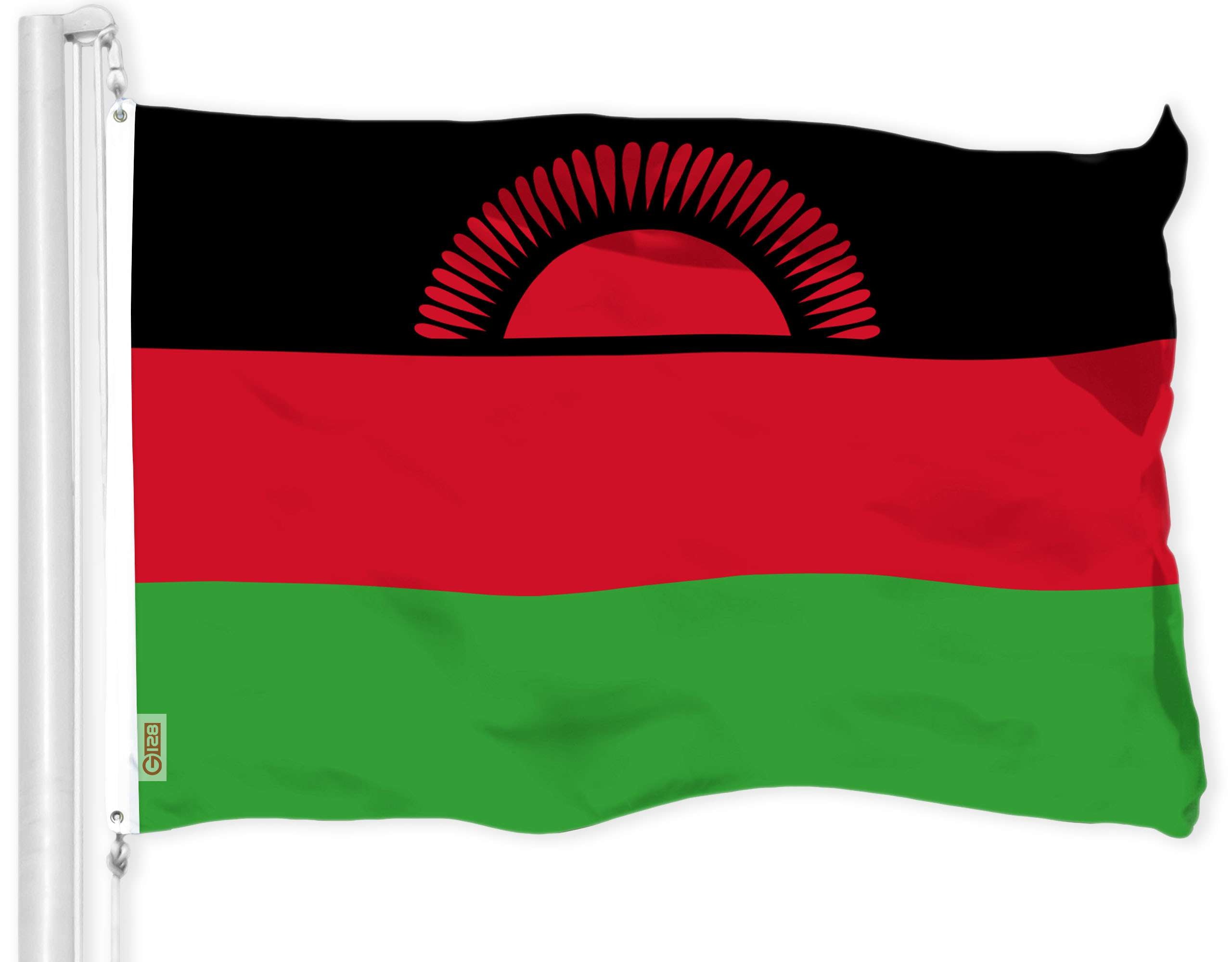 Front. G128 - Malawi Flag 3x5 ft Heavyweight 150D Polyester with Brass Grommets. - Black, Red, Green.