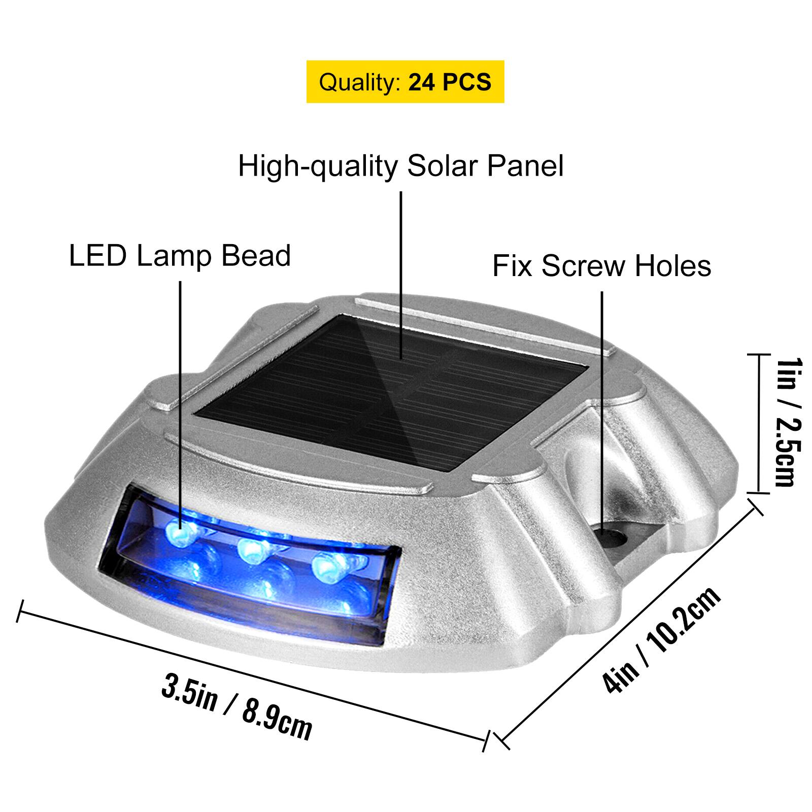 Quality: 24 PCS

High-quality Solar Panel

LED Lamp Bead

Fix Screw Holes

1in / 2.5cm

3.5in / 8.9cm

4in / 10.2cm