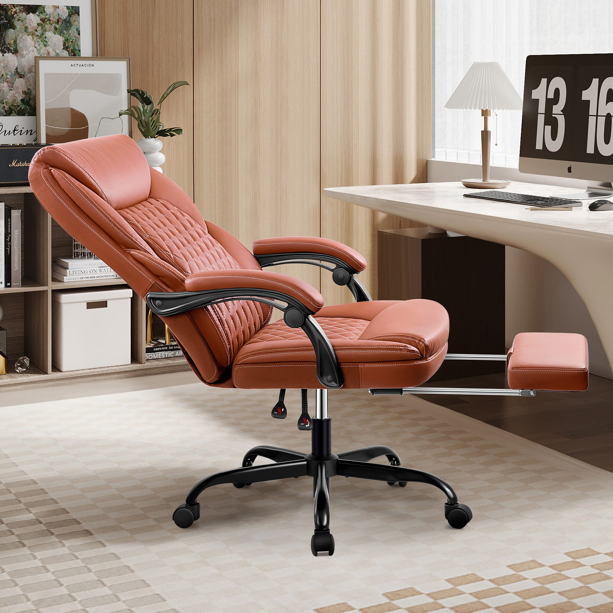 KERDOM - High Back Executive Office Chair with Footrest, PU Leather Chair with Lumbar Support, Tilt Home Office Desk Chair - Brown