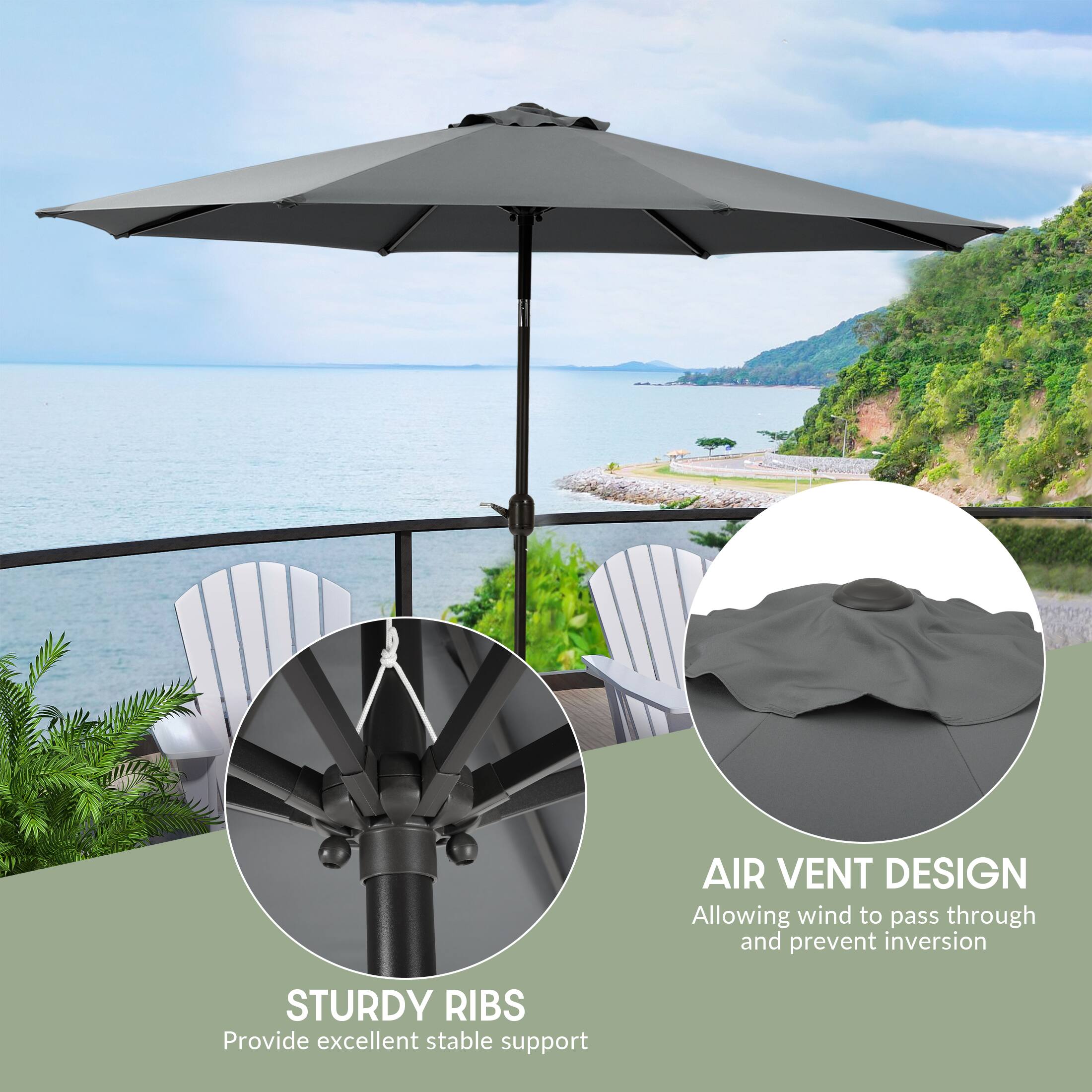 AIR VENT DESIGN  
Allowing wind to pass through and prevent inversion  

STURDY RIBS  
Provide excellent stable support
