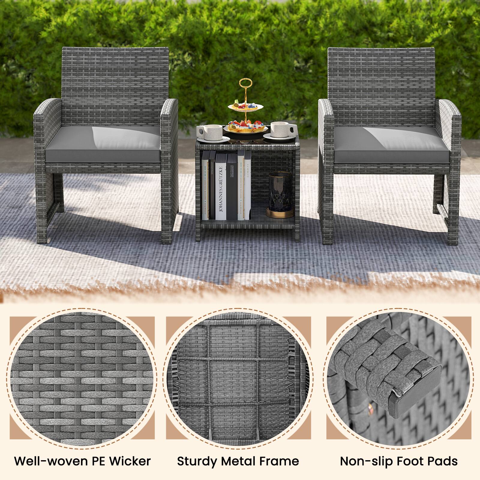 Well-woven PE Wicker, Sturdy Metal Frame, Non-slip Foot Pads
