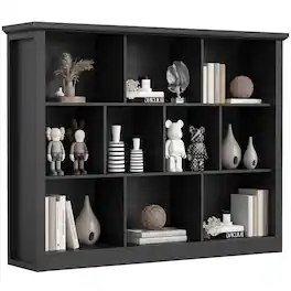 Aheaplus - 50" Wide 10-Cube Wood Storage Organizer - 3-Tier Low Floor Standing Bookcase for Living Room, Bedroom - Black