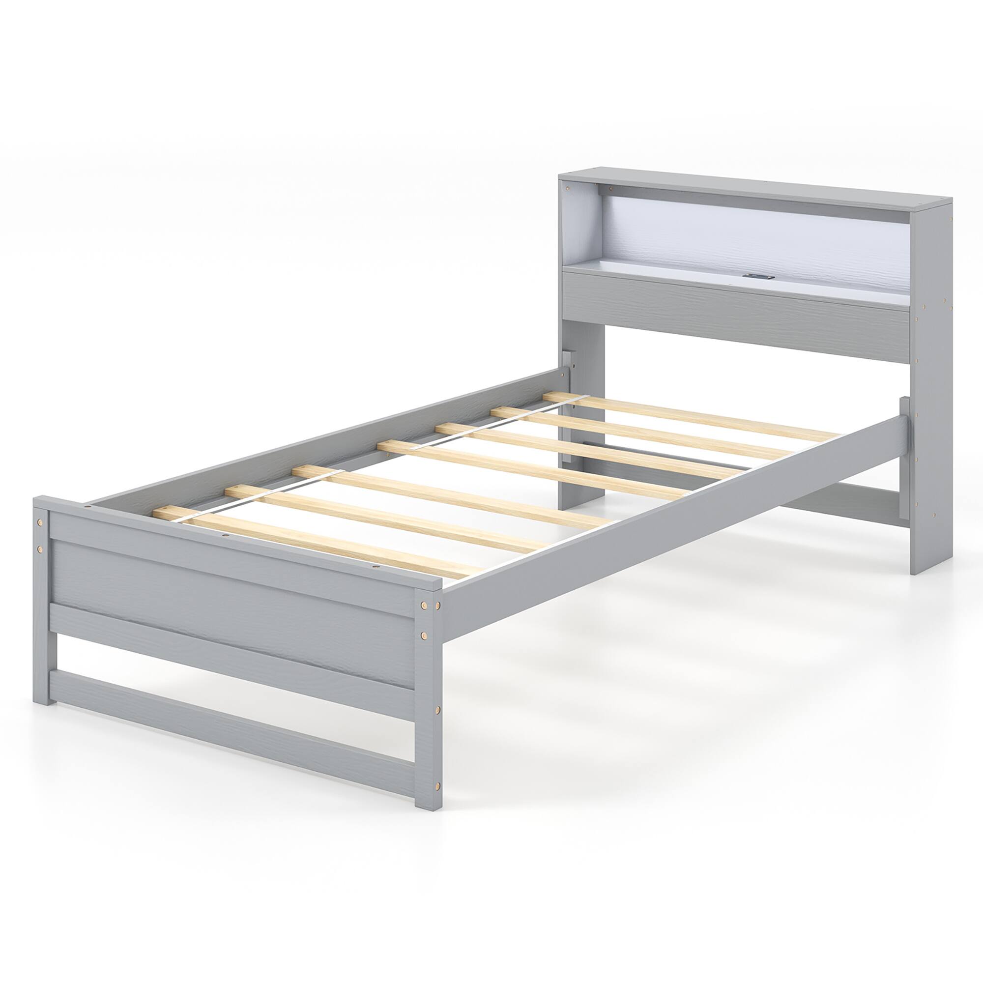 Alt View 1. Gymax - Gymax Twin Size Wooden Bed Frame w/ Charging Station & LED Light Storage Headboard Gray - Gray.