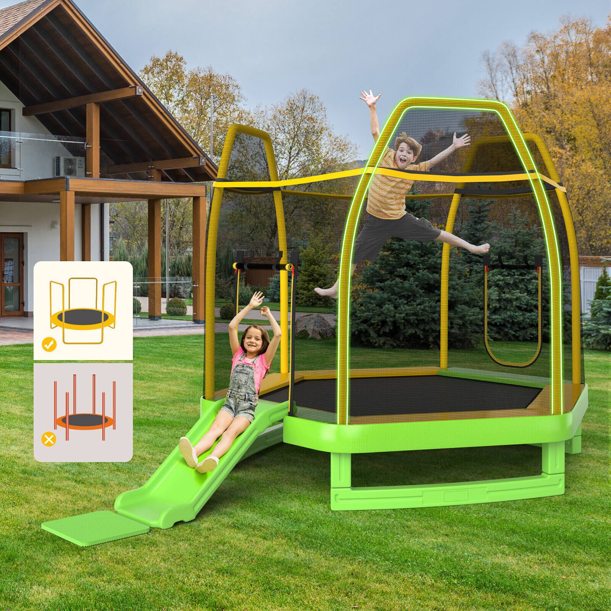 Alt View 2. Gymax - Gymax 7FT Kids Recreational Trampoline w/ Ladder & Slide Ocean Ball Indoor Outdoor Green - Green + Yellow.