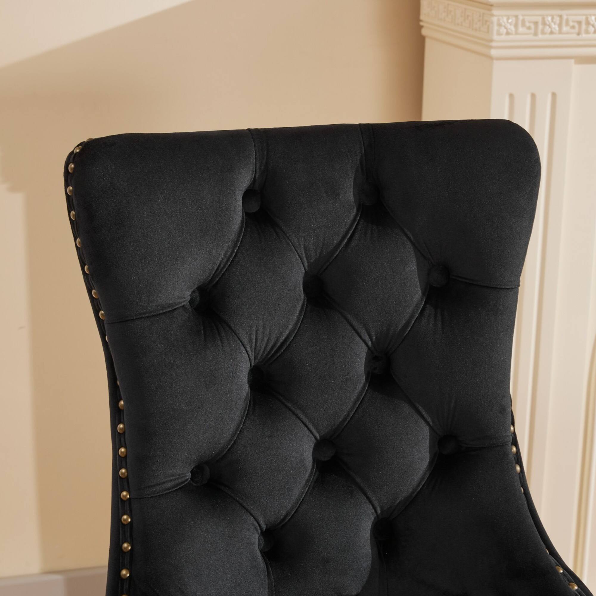 Alt View 5. GOODSILO - Modern Tufted Velvet Dining Chairs with Lion Head Pull Rings and Golden Wooden Legs, Set of 2 - Black.