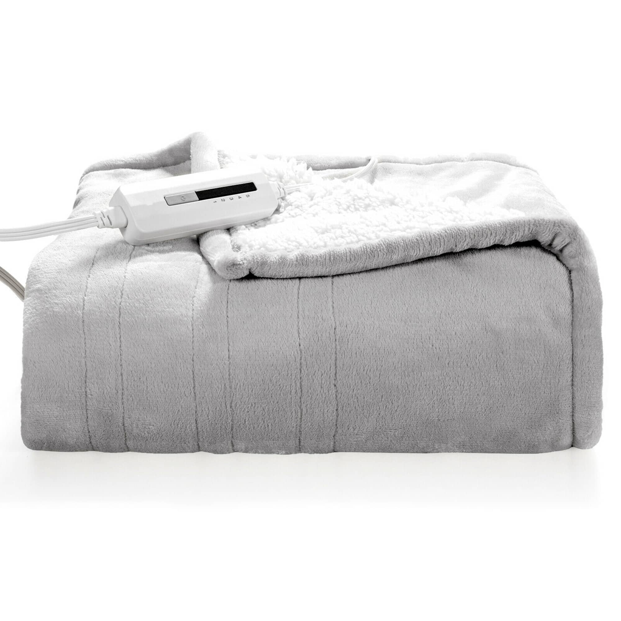 Front. Costway - 60''x 50'' Heated Throw Blanket Flannel & Sherpa Double-sided Flush - Grey.