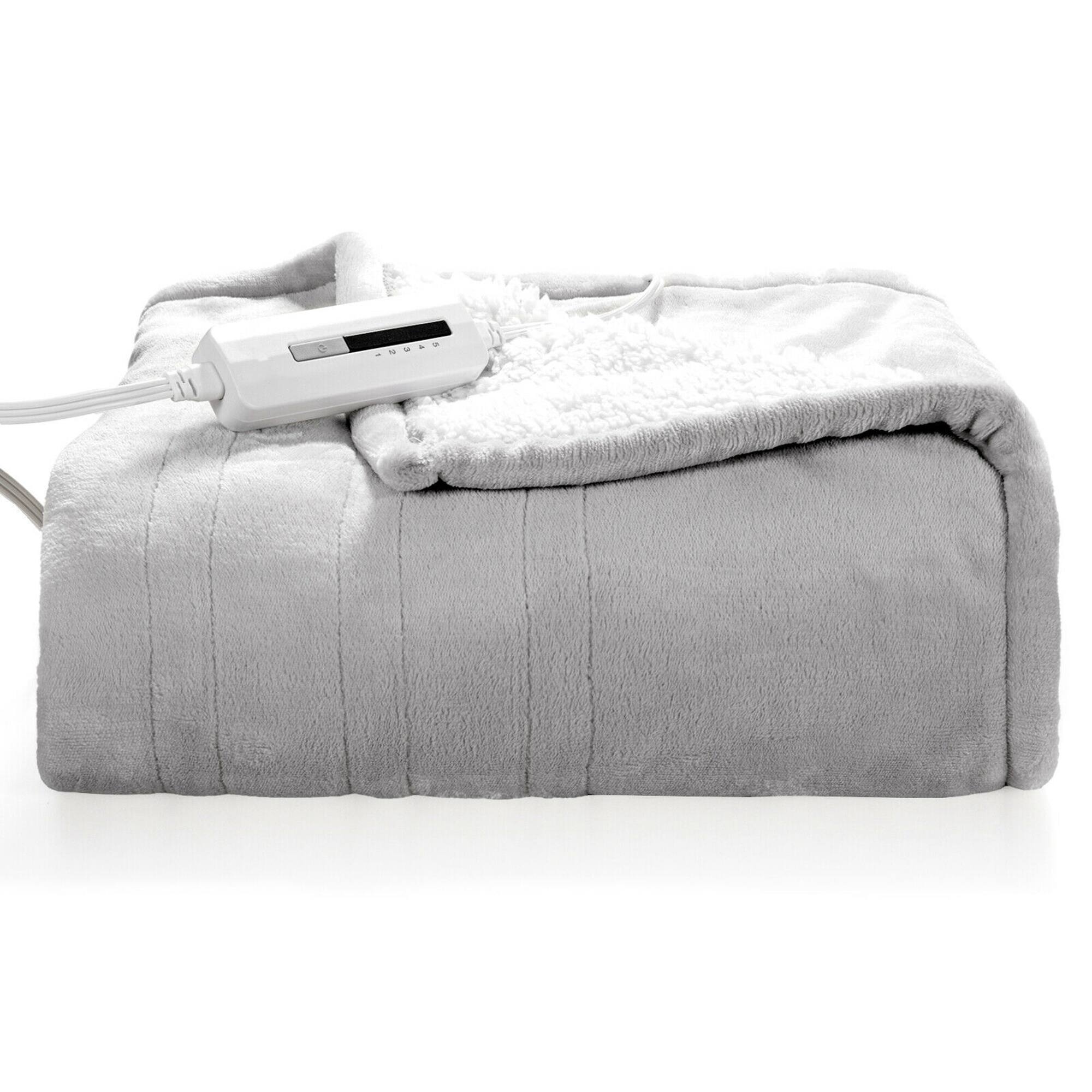 Front. Costway - 60''x 50'' Heated Throw Blanket Flannel & Sherpa Double-sided Flush - Grey.