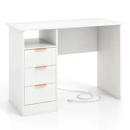 Front. SlickBlue - Home Office Desk with Power Outlet, 3 Drawers, and Open Storage Compartment - White, Gold.