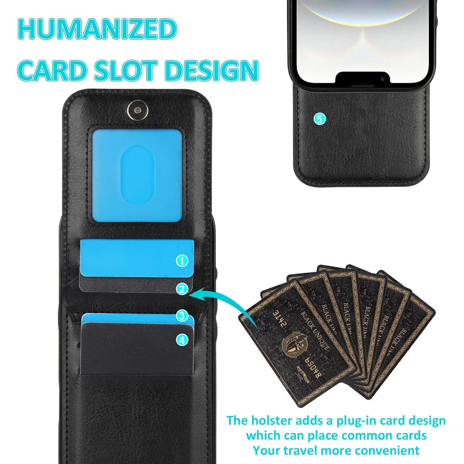 HUMANIZED CARD SLOT DESIGN

The holster adds a plug-in card design which can place common cards. Your travel more convenient
