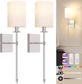 Nordic Hygge - 24.8 Inch Wall Sconces Battery Operated Set of 2, Rechargeable Wireless Wall Sconces Lights with Remote, Not Hardwired - Brushed Nickel and White