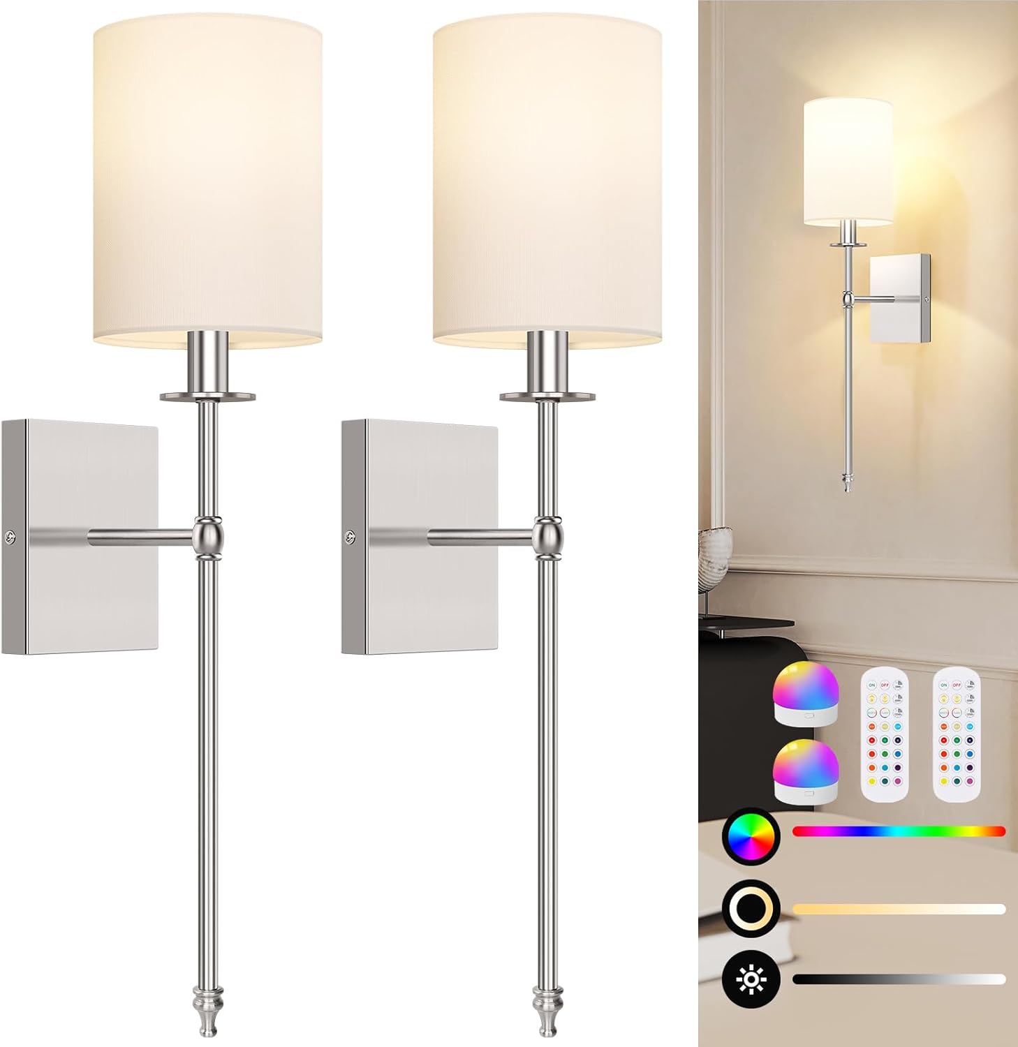 Front. Nordic Hygge - 24.8 Inch Wall Sconces Battery Operated Set of 2, Rechargeable Wireless Wall Sconces Lights with Remote, Not Hardwired - Brushed Nickel and White.