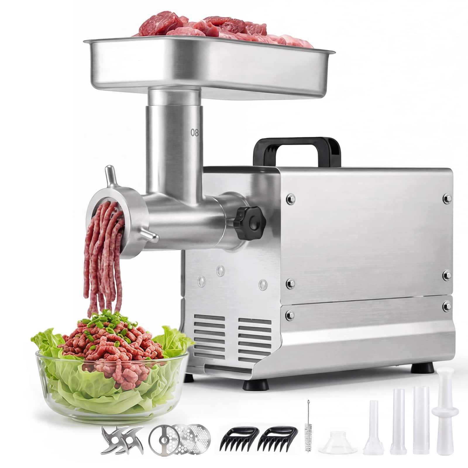 Front. VEVOR - Commercial Meat Grinder, 8 Lbs/Min Capacity, #8 Electric Meat Mincer with 3 Plates, 3 Sausage Stuffing Tubes - Silver.