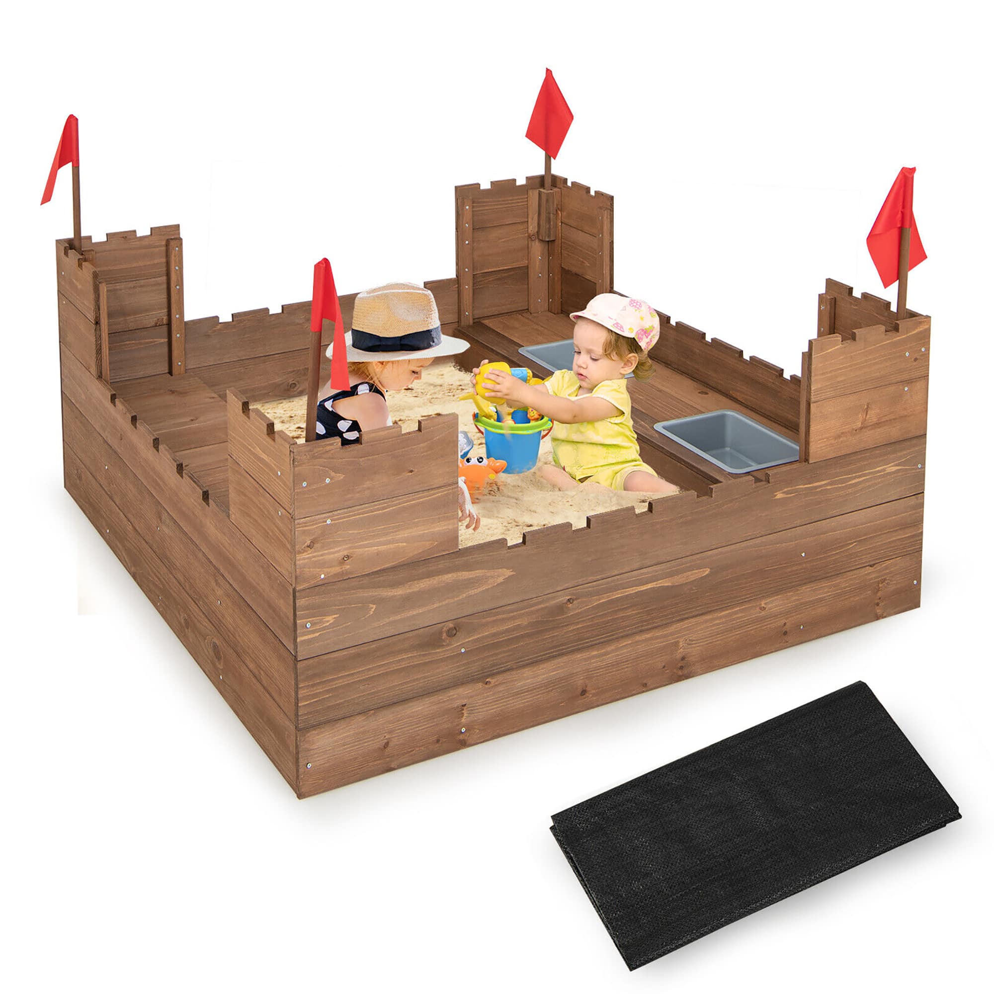 Gymax - Solid Wood Kids Sandbox w/ 2 Bench Seats Outdoor Sandpit w/ Storage Box & Flags - Multi-color