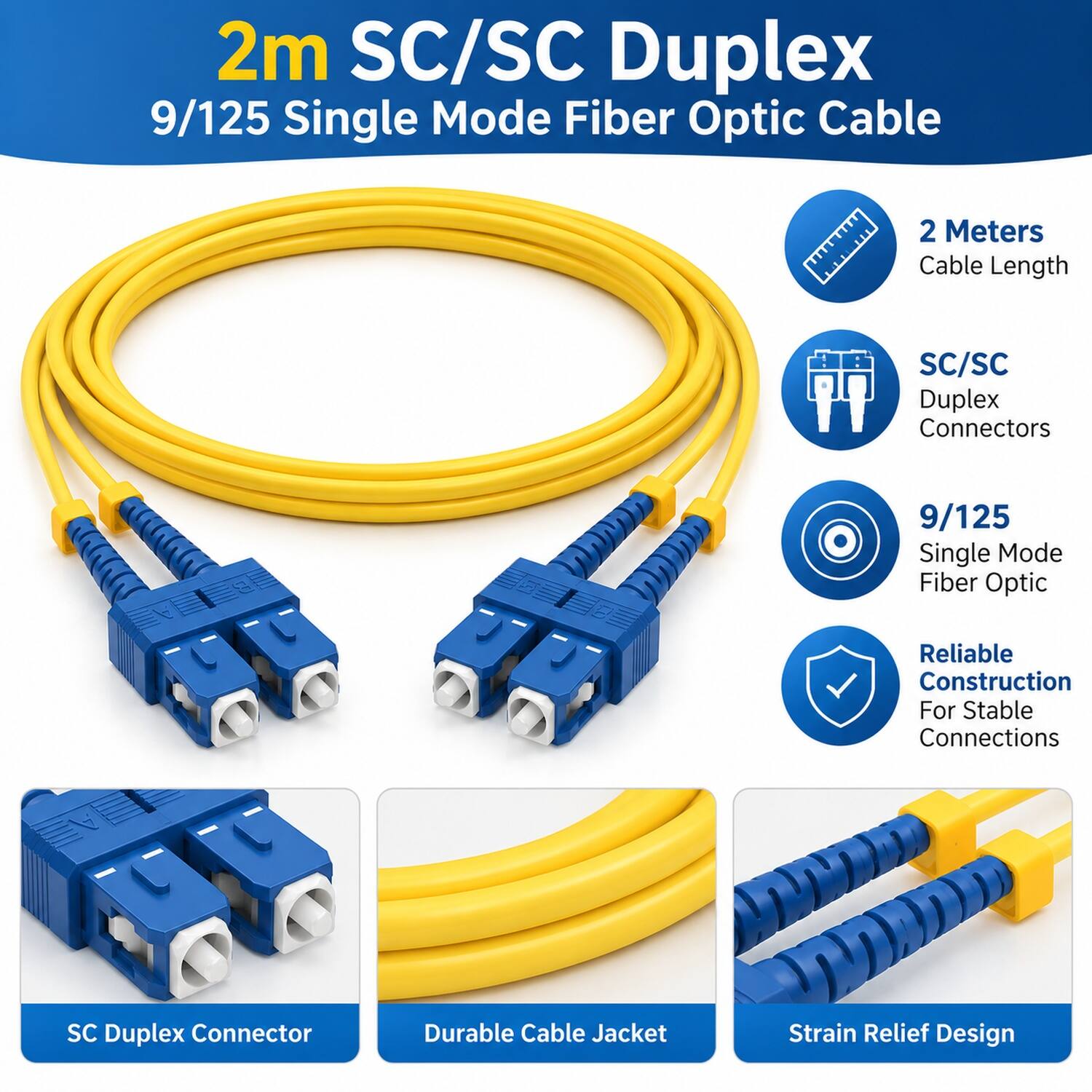 2m SC/SC Duplex 9/125 Single Mode Fiber Optic Cable

- 2 Meters Cable Length
- SC/SC Duplex Connectors
- 9/125 Single Mode Fiber Optic
- Reliable Construction For Stable Connections
- SC Duplex Connector
- Durable Cable Jacket
- Strain Relief Design