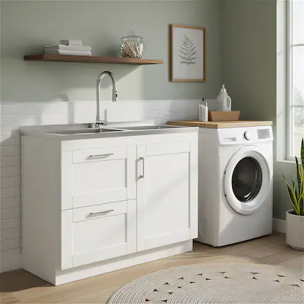 Front. Simpli Home - Modern Wide Shaker 46 inch Utility Sink and Laundry Cabinet, Glacier White Finish - Glacier White.