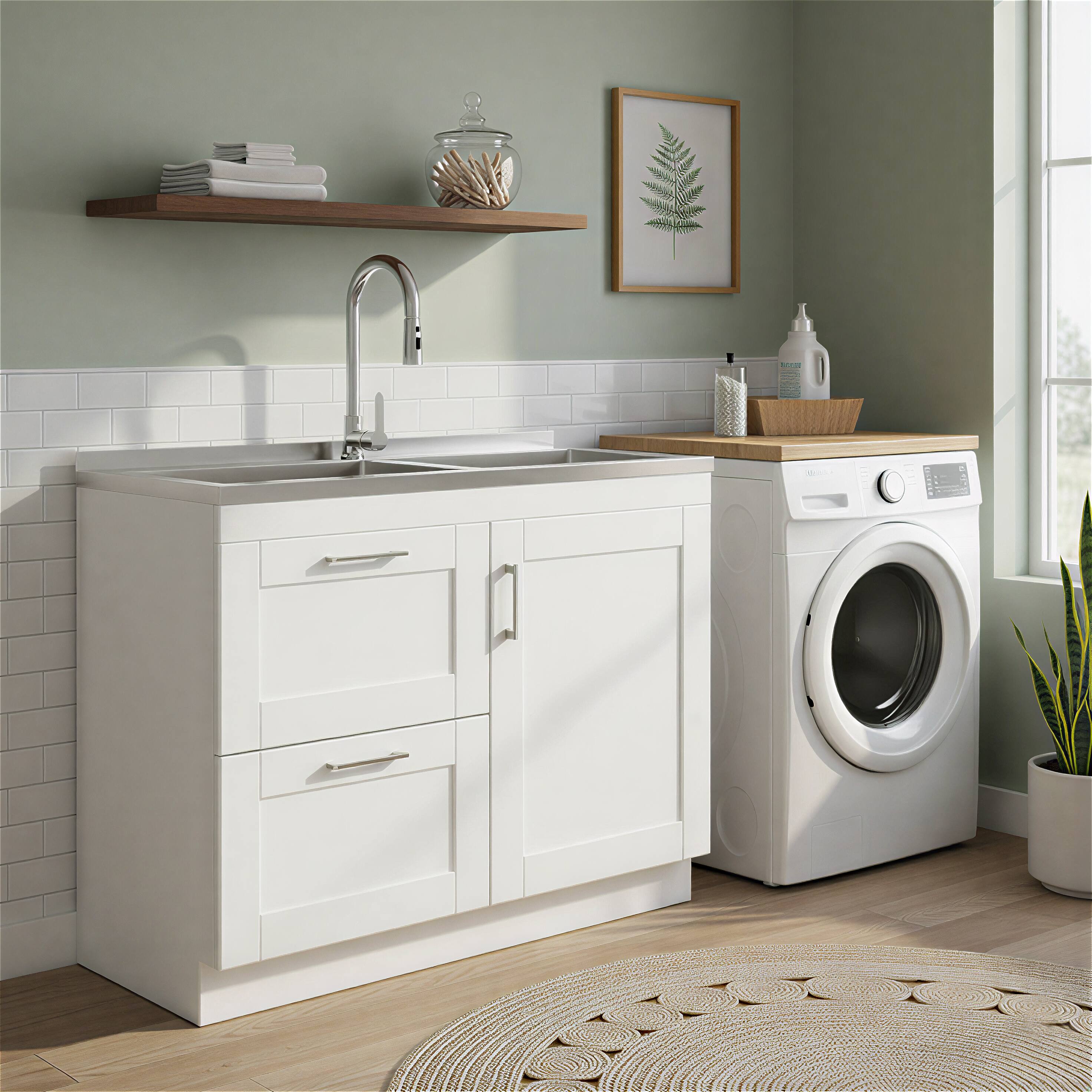 Front. Simpli Home - Modern Wide Shaker 46 inch Utility Sink and Laundry Cabinet, Glacier White Finish - Glacier White.