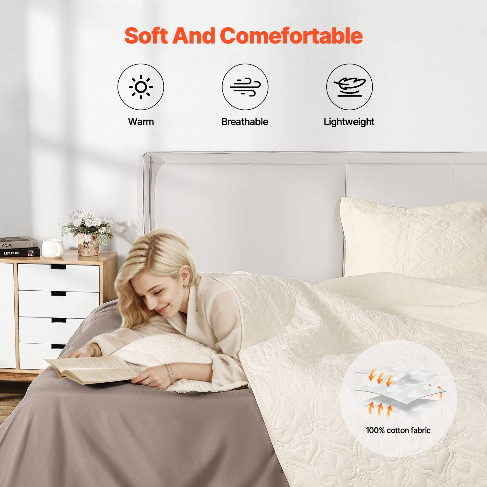 Soft And Comfortable

- Warm
- Breathable
- Lightweight

100% cotton fabric