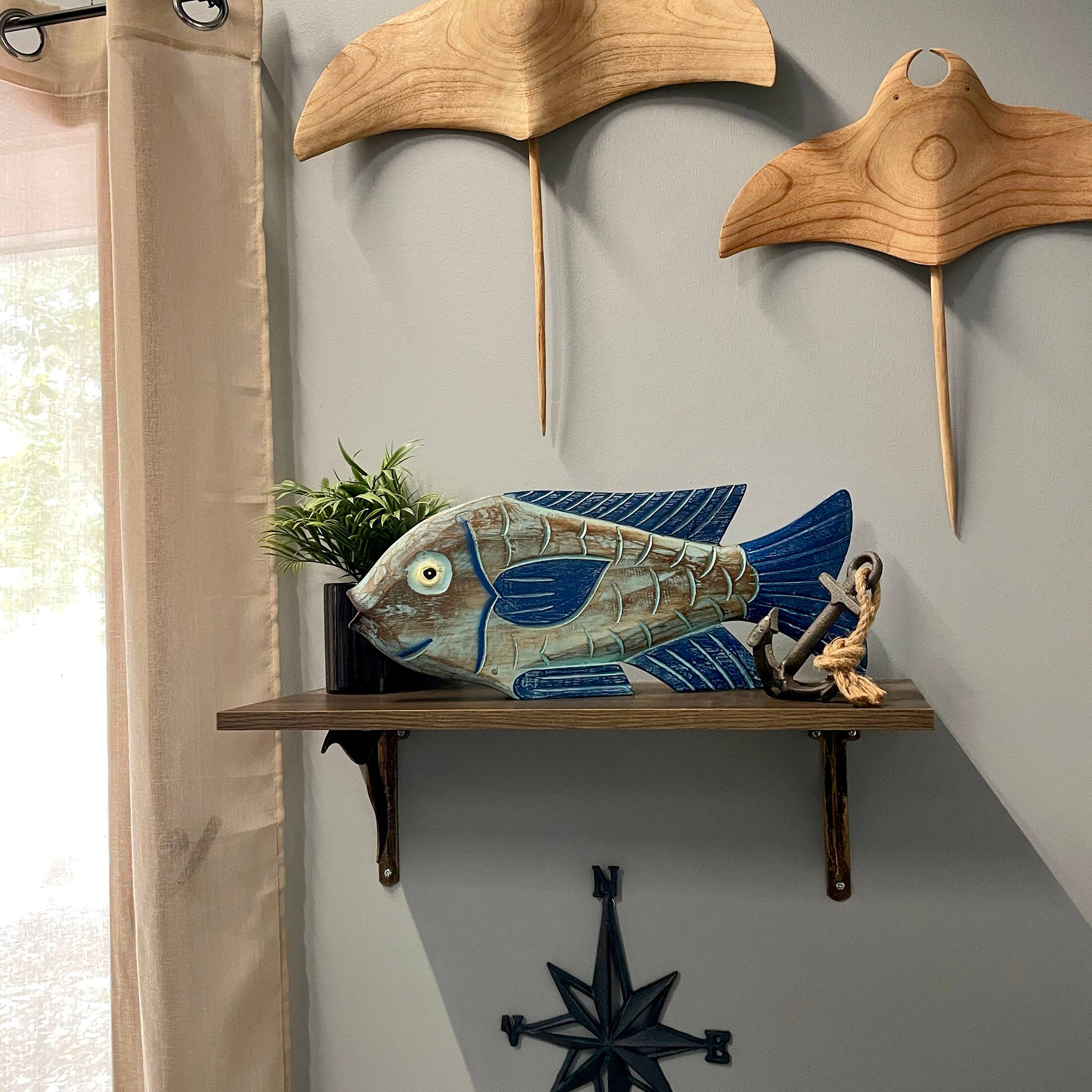 Alt View 5. Things2Die4 - Hand Carved Blue Wooden Fish Statue 19" Nautical Coastal Decor Wood Accent - Blue.