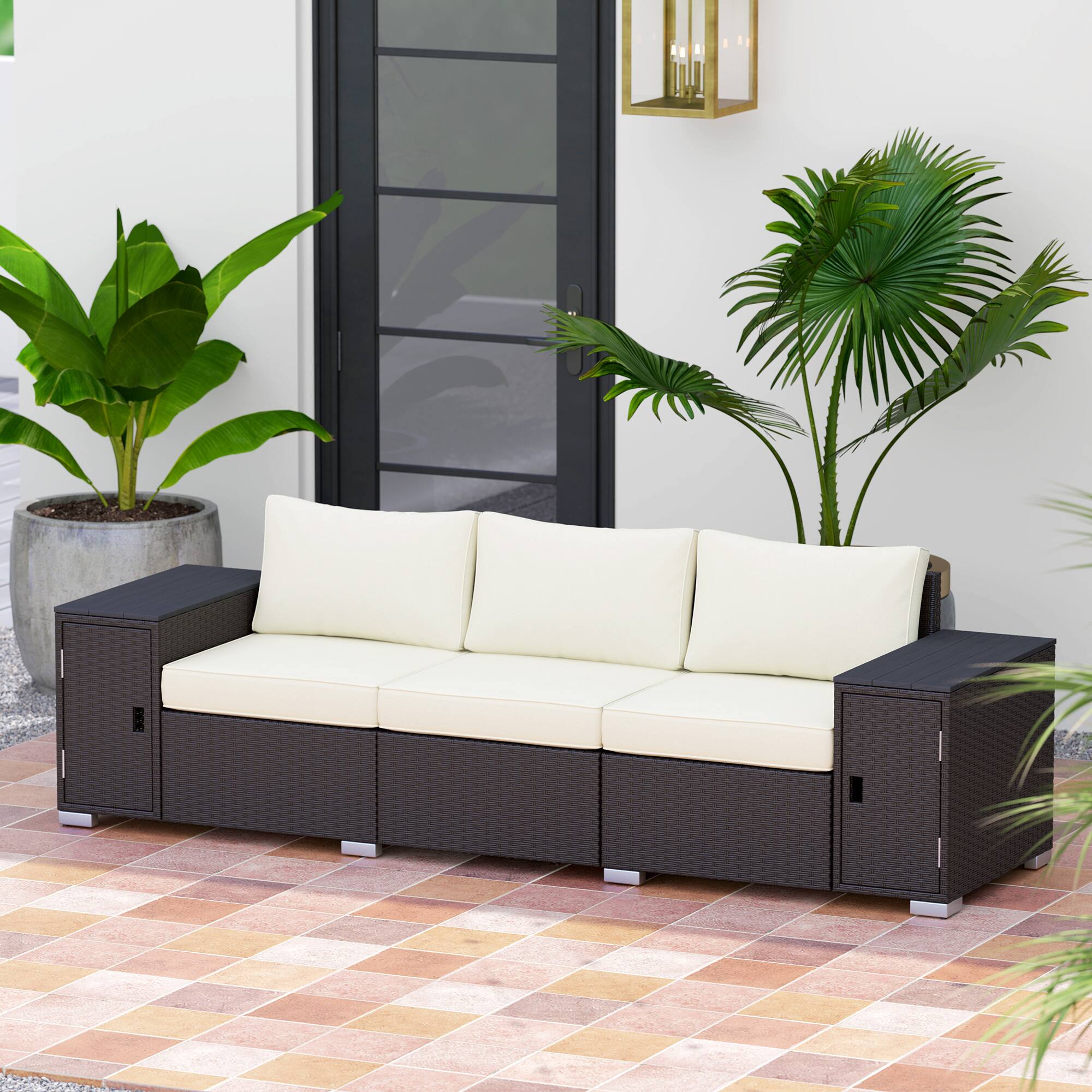 Alt View 8. Outsunny - 3 Seater Wicker Sofa with 2 Storage Side Tables and Thickened Cushions, Rattan Outdoor Patio Sofa with Wide Armrests - Cream White/Brown.