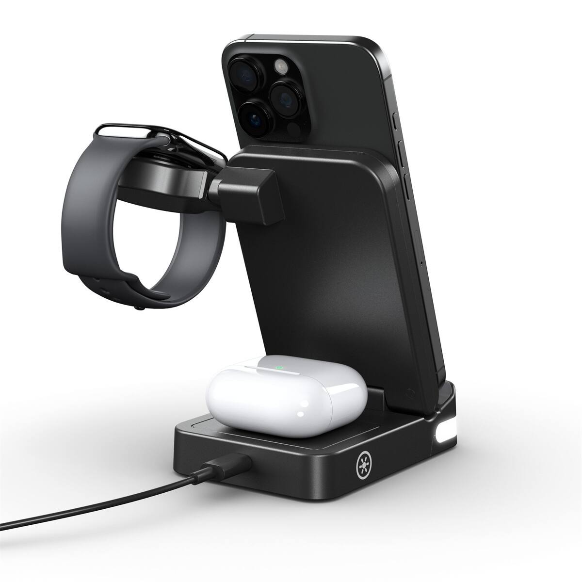 Angle. RISOKEYS - 3-in-1 Folding Wireless Charger - 15W Fast Charging,  for Phone, Watch and Earphone, Power Adapter for Samsung - Black.