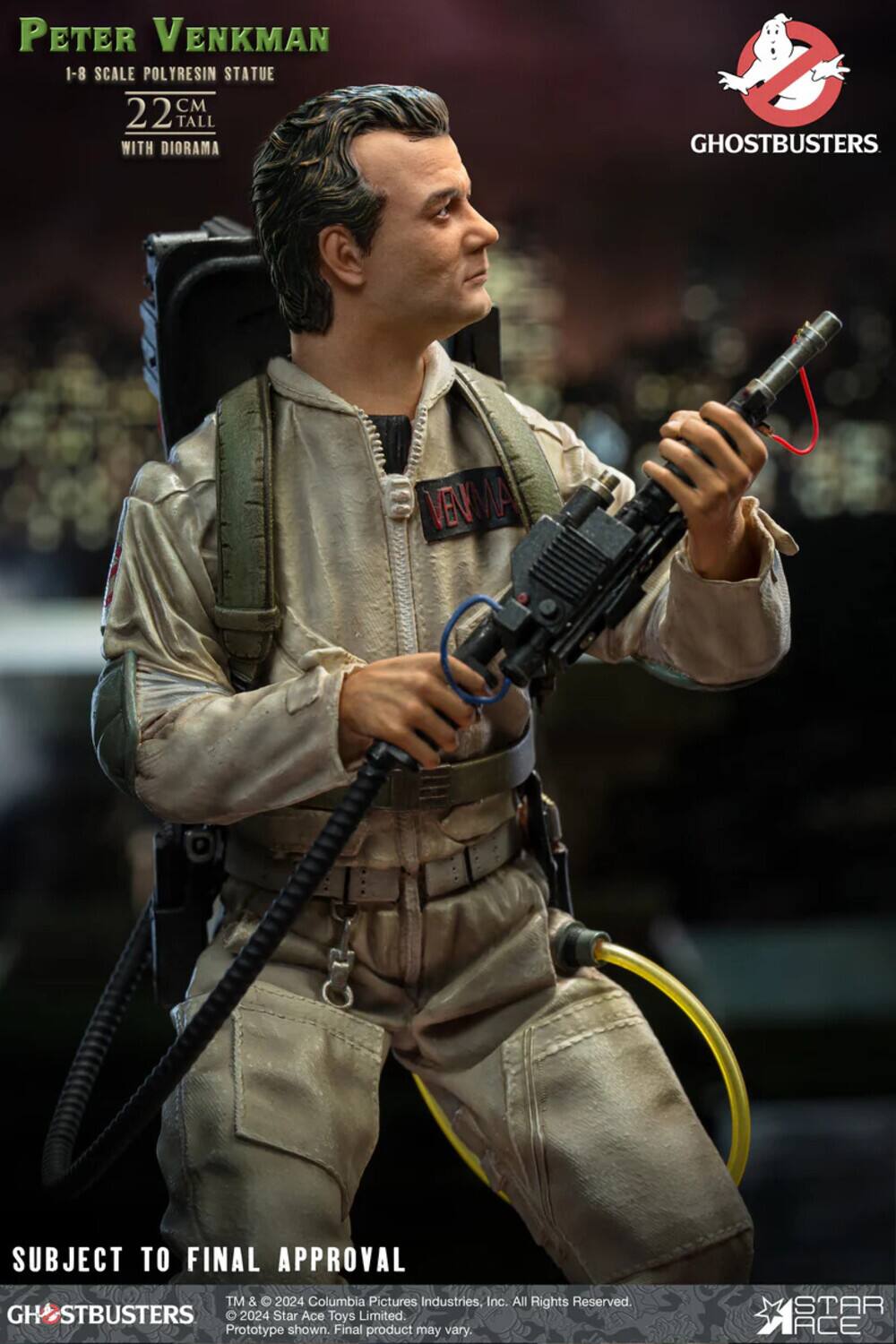 PETER VENKMAN 1-8 SCALE POLYRESIN STATUE 22CM TALL WITH DIORAMA  
GHOSTBUSTERS  
SUBJECT TO FINAL APPROVAL  
TM & 2024 Columbia Pictures Industries, Inc. All Rights Reserved.  
GHOSTBUSTERS 2024 Star Ace Toys Limited.  
Prototype shown. Final product may vary.  
STAR ACE