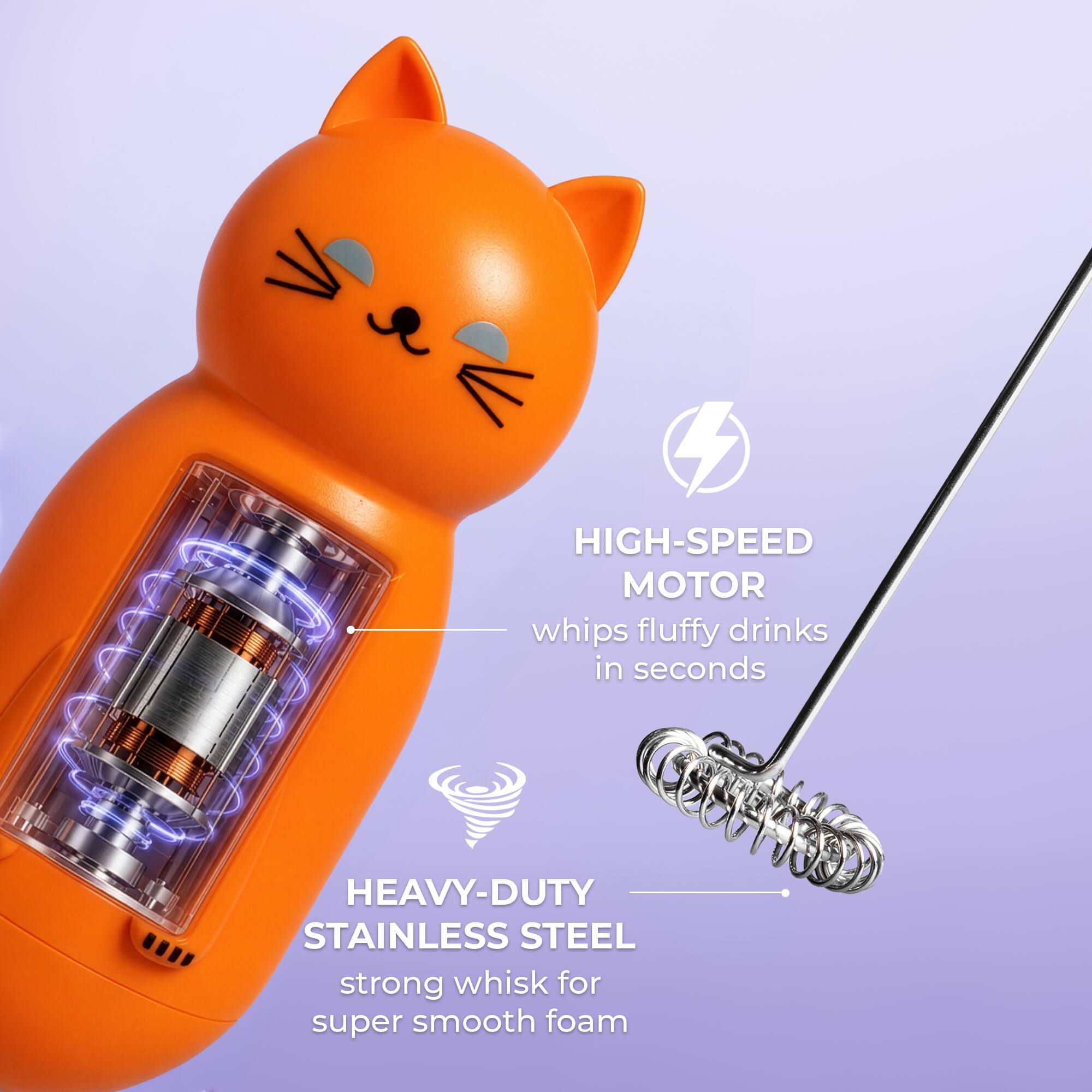 HIGH-SPEED MOTOR whips fluffy drinks in seconds  
HEAVY-DUTY STAINLESS STEEL strong whisk for super smooth foam