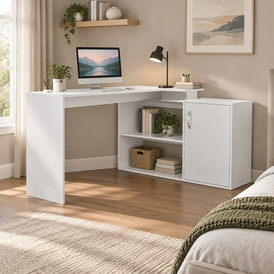 Layered Computer Desk RYHNUYNE Modern L Shaped Computer Desk, 59 Inch Workspace, Right Return ...