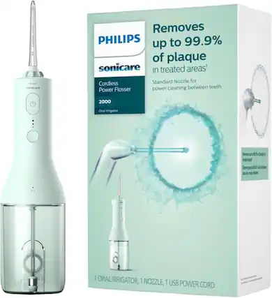 Sure, here is the corrected and grouped text:
---
**PHILIPS sonicare**
**Cordless Power Flosser**
**2000**
**Oral Irrigator**
**Removes up to 99.9% of plaque in treated areas¹**
**Standard Nozzle for power cleaning between teeth**
**1 ORAL IRRIGATOR, 1 NOZZLE, 1 USB POWER CORD**
---
¹Removes up to 99.9% of plaque in treated areas. Based on in vitro study.
