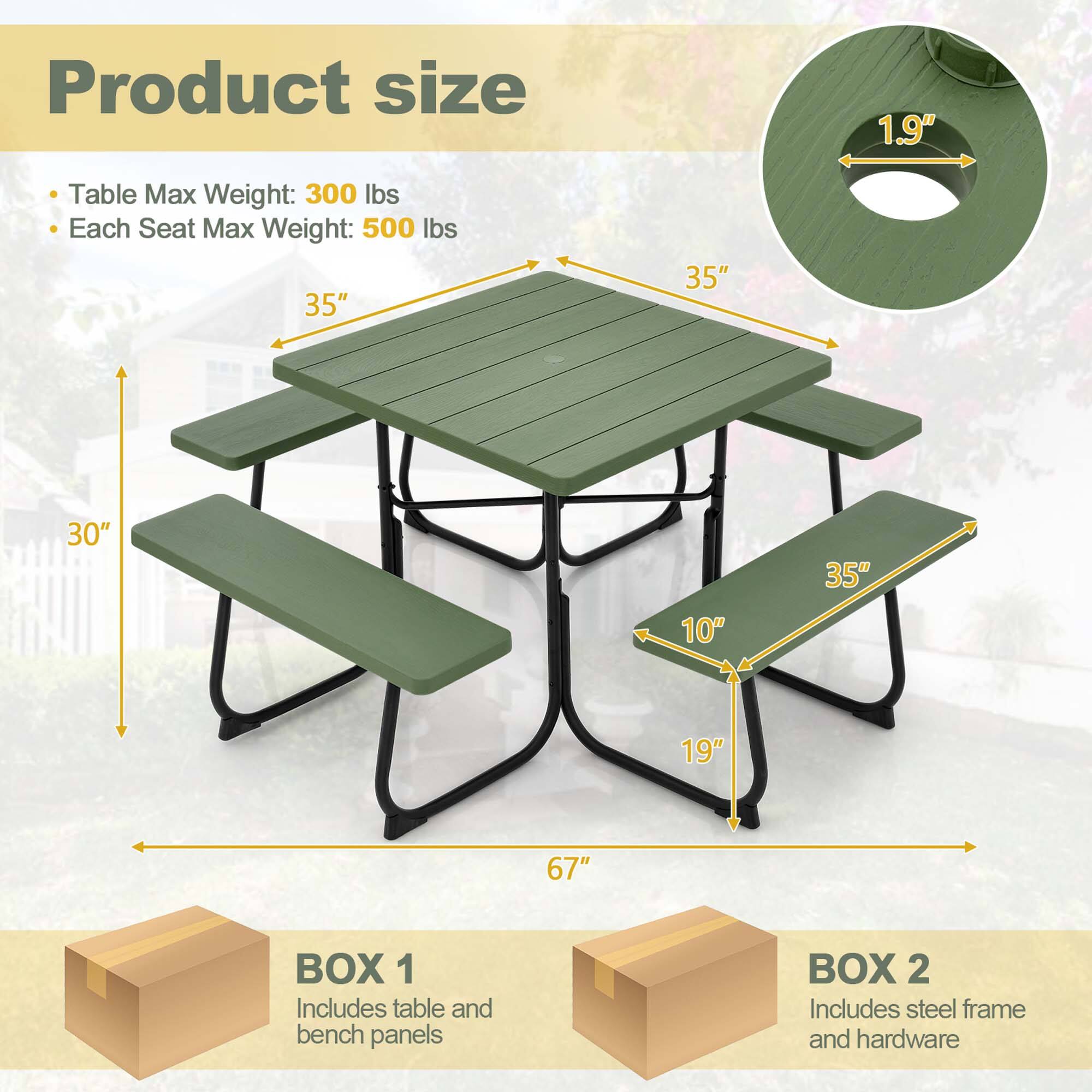 Product size: Table Max Weight: 300 lbs, Each Seat Max Weight: 500 lbs, 1.9", 35", 35", 30", 35", 10", 19", 67", BOX 1 Includes table and bench panels, BOX 2 Includes steel frame and hardware