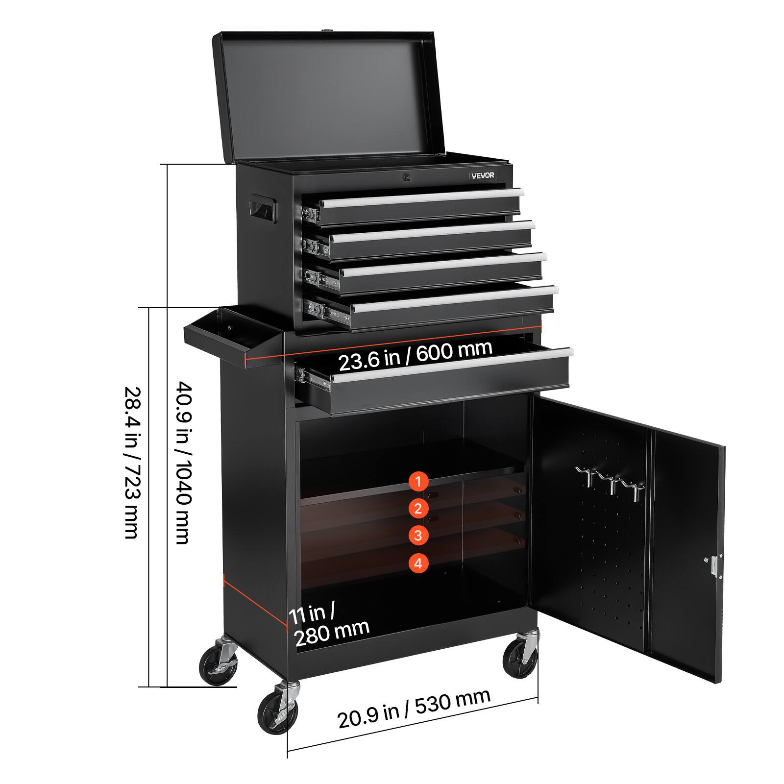 - Width: 28.4 in / 723 mm
- Height: 40.9 in / 1040 mm
- Depth: 23.6 in / 600 mm
- Drawer 1: 11 in / 280 mm
- Drawer 2: 11 in / 280 mm
- Drawer 3: 11 in / 280 mm
- Drawer 4: 11 in / 280 mm
- Cabinet Width: 20.9 in / 530 mm