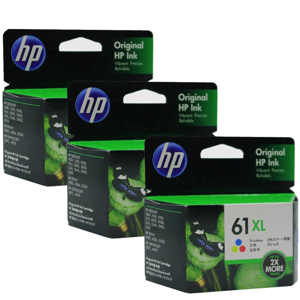 Sure, here is the corrected and grouped text from the image:

---

**HP DESKJET 1000, 1010, 150, 1050, 2000, 2050, 2500, 2540, 3050, 3000**

**HP ENVY 4500, 4504, 5530**

**HP OFFICEJET 4630**

**Original HP Ink**

**Vibrant. Precise. Reliable.**

**Original HP Ink Cartridge**

**61 XL Tri-colour**

**UP TO 2X MORE PAGES**

---

This text is organized to reflect the product models and the key features mentioned on the packaging.