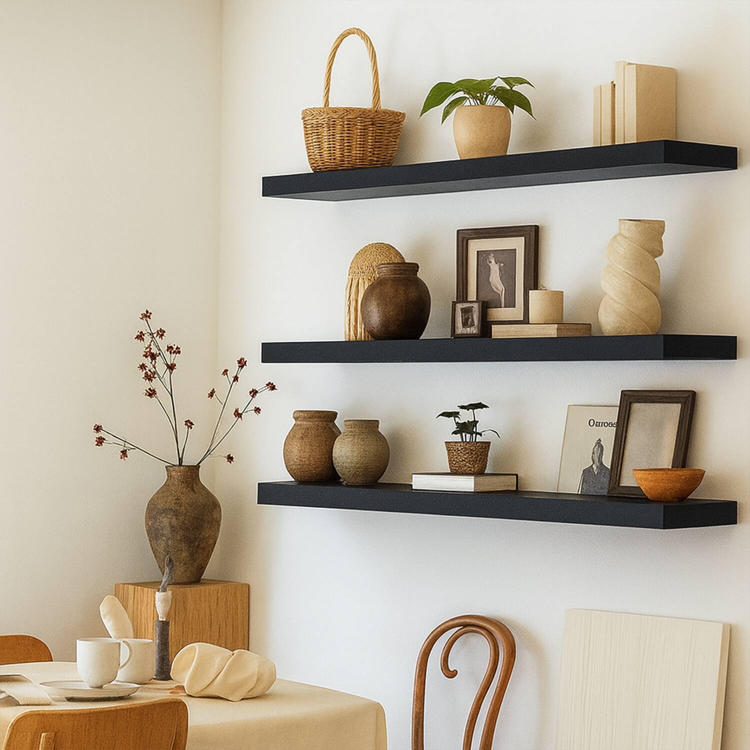 Alt View 1. BOMEDA - Wooden Floating Shelves for Wall, Bathroom or Room Wall Storage, Hanging Shelf Organizer, 24x7x1.5 in, 3 Pack - Black.