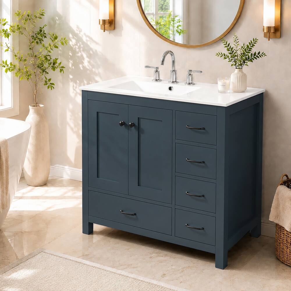 Left. Loheer - Loheer 36 inch Blue Bathroom Vanity with Ceramic Sink Combo, Solid Wood Frame - Blue.