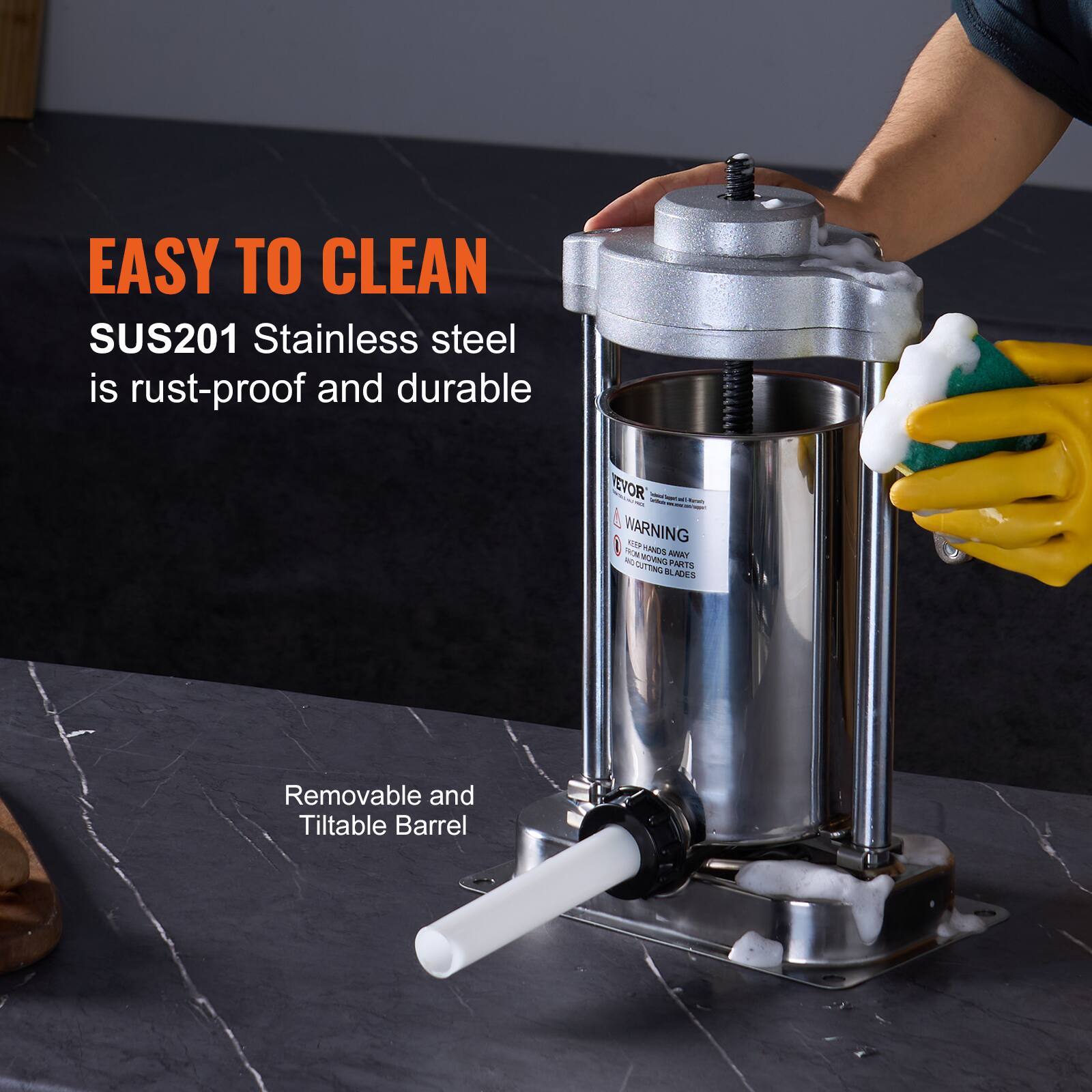 EASY TO CLEAN  
SUS201 Stainless steel is rust-proof and durable  

WARNING  
REMOVE AWAY FROM CUTTING BLADES  

Removable and Tiltable Barrel